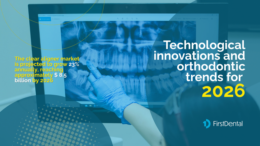 Hand in blue medical glove points at a digital panoramic dental X-ray on a computer screen, with overlaid text highlighting orthodontic market growth and the title “Technological innovations and orthodontic trends for 2026” by First Dental Supplies.