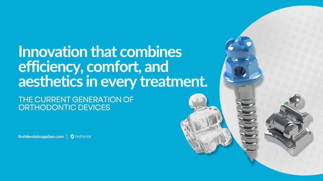 Close-up of orthodontic mini-implant, ceramic bracket, and metallic bracket on blue background with text about innovation, efficiency, and aesthetics in orthodontic treatments – First Dental Supplies.